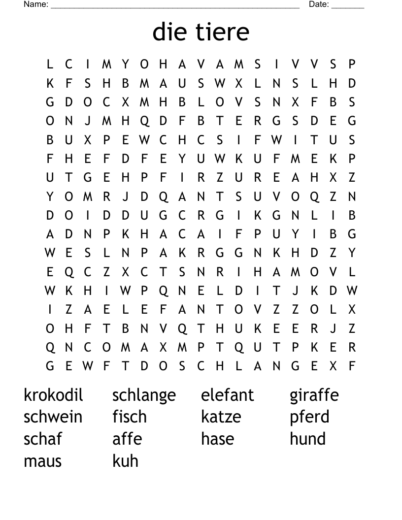 die tiere Word Search