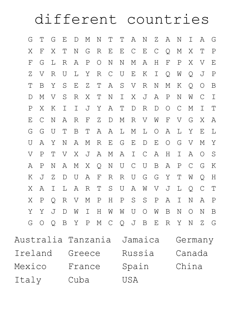 different  countries  Word Search