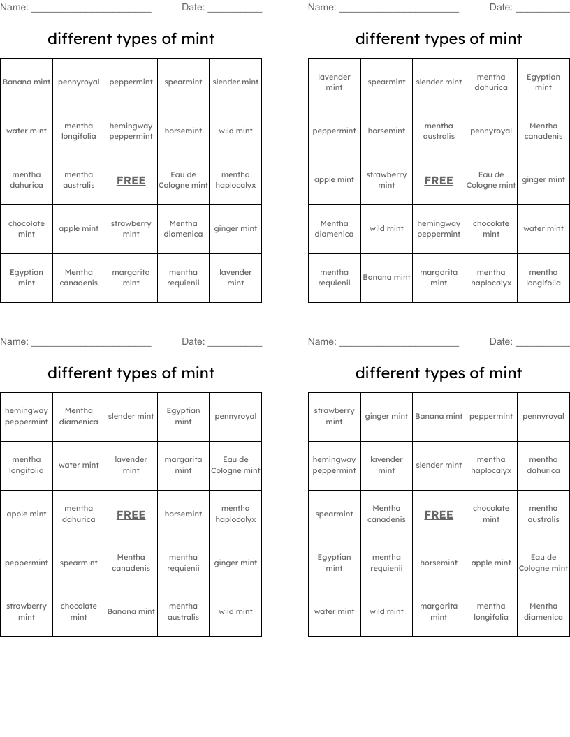 different types of mint Bingo Cards