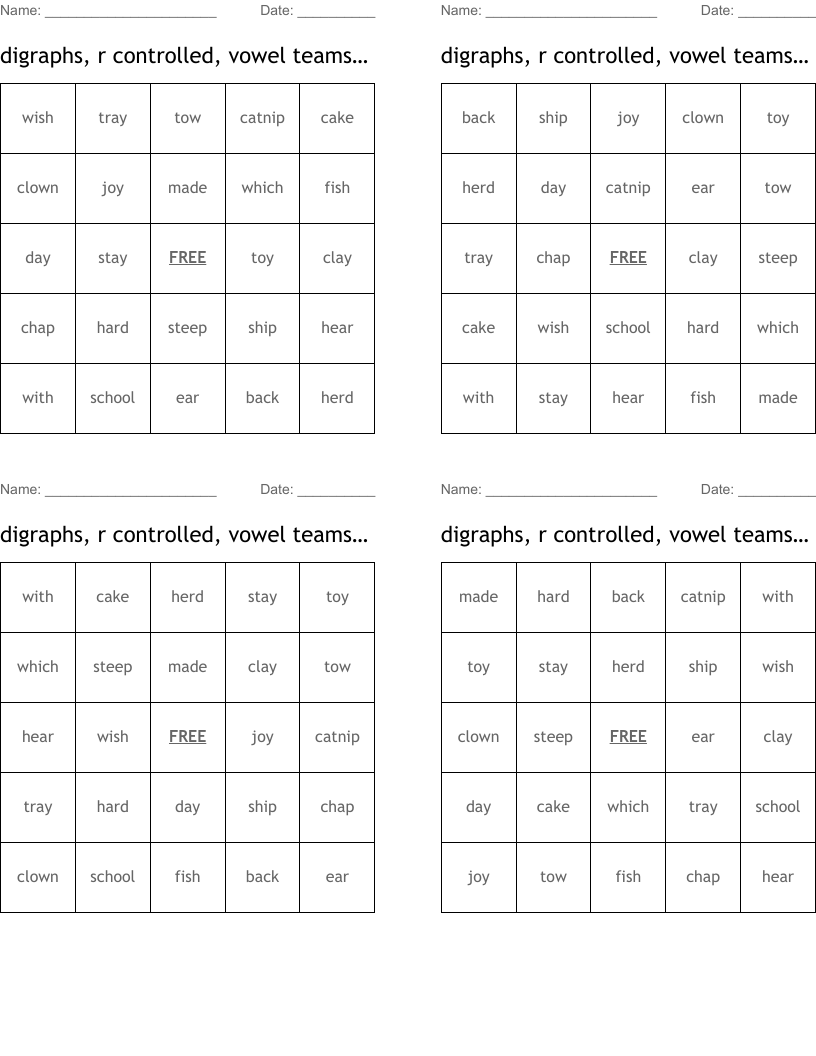 digraphs, r controlled, vowel teams, cvc, and vccv Bingo Cards