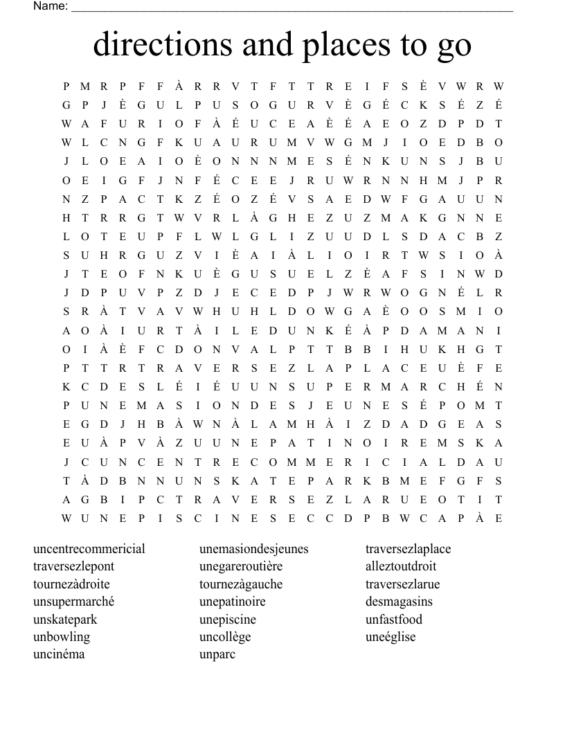 directions and places to go  Word Search