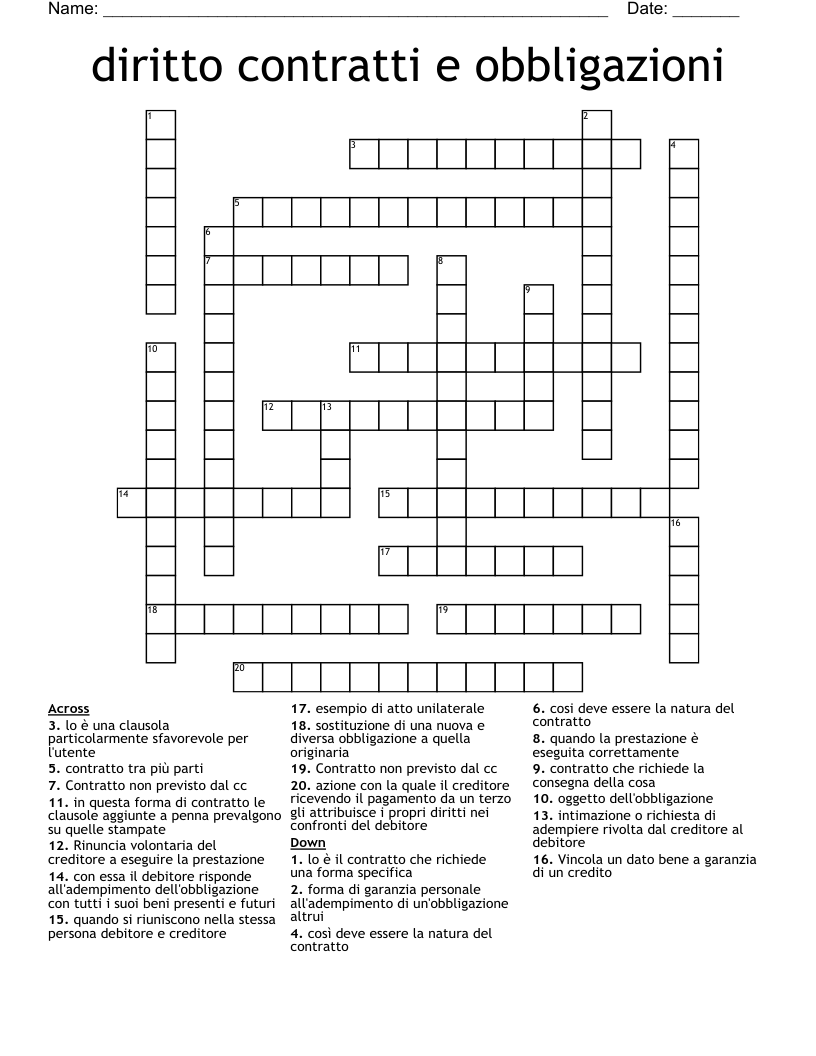 diritto contratti e obbligazioni  Crossword
