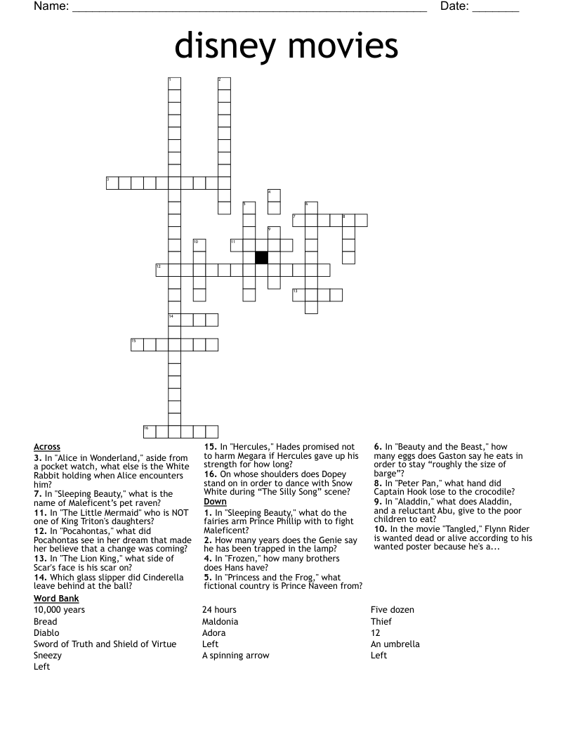 disney movies Crossword