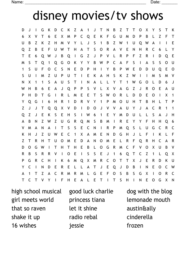 disney movies/tv shows Word Search
