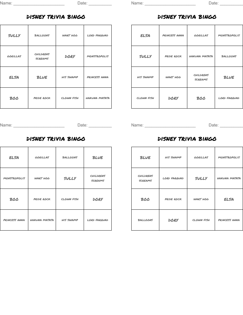 disney trivia bingo