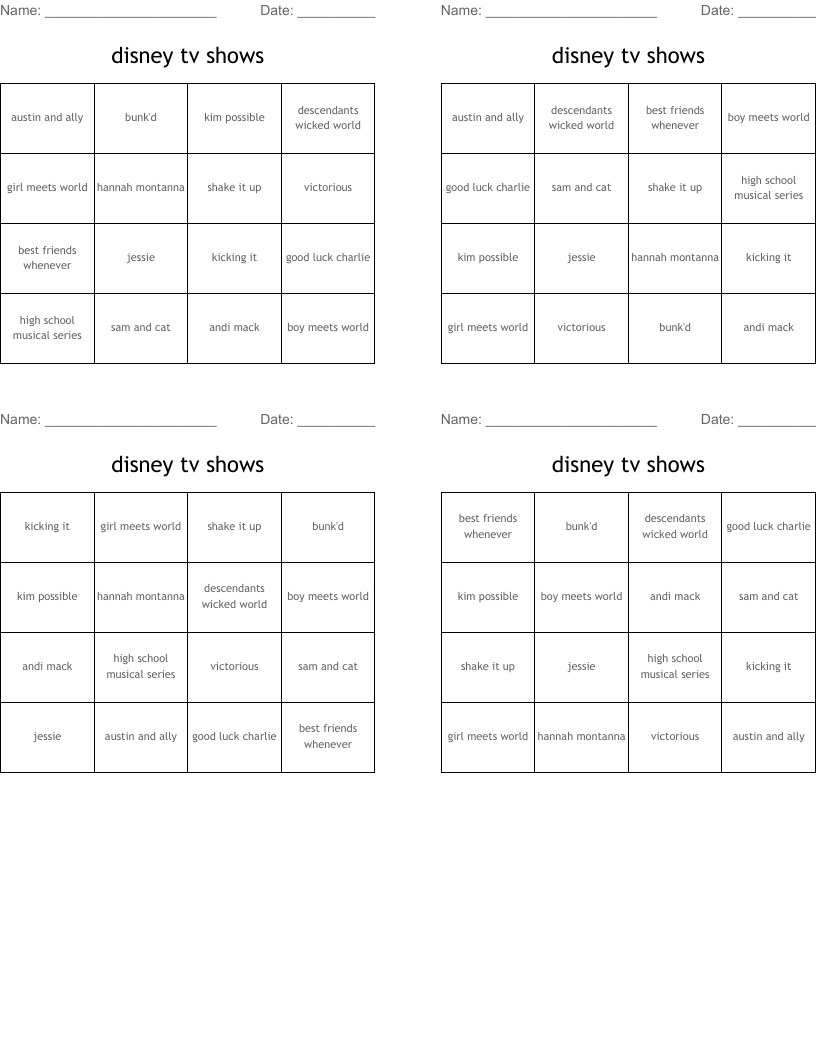 disney tv shows  Bingo Cards