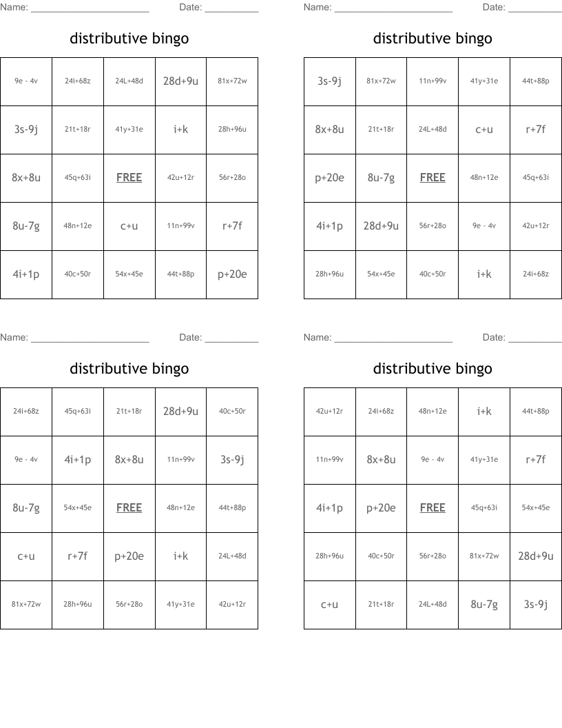 distributive bingo