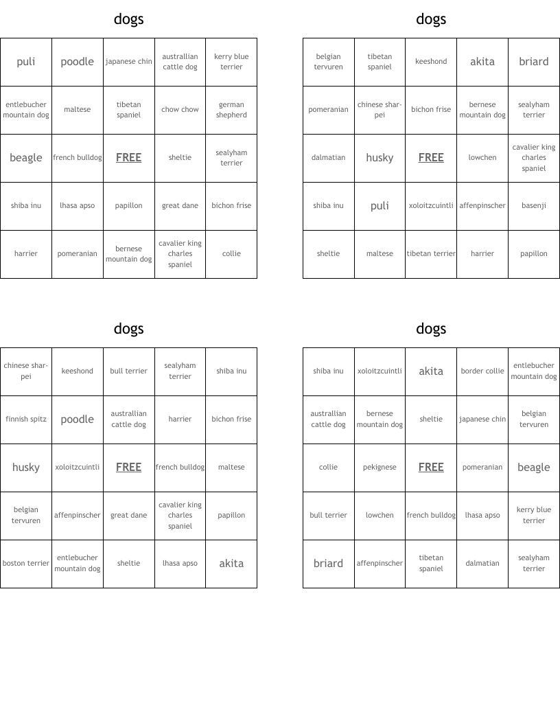 dogs Bingo Cards