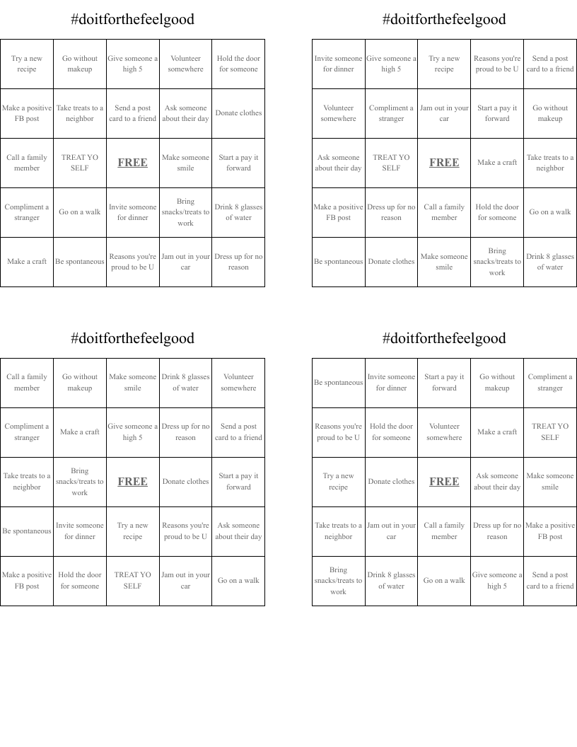 #doitforthefeelgood Bingo Cards
