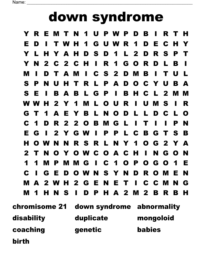 down syndrome Word Search