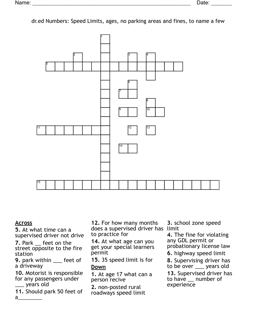 dr.ed       Numbers: Speed Limits, ages, no parking areas and fines, to name a few Crossword