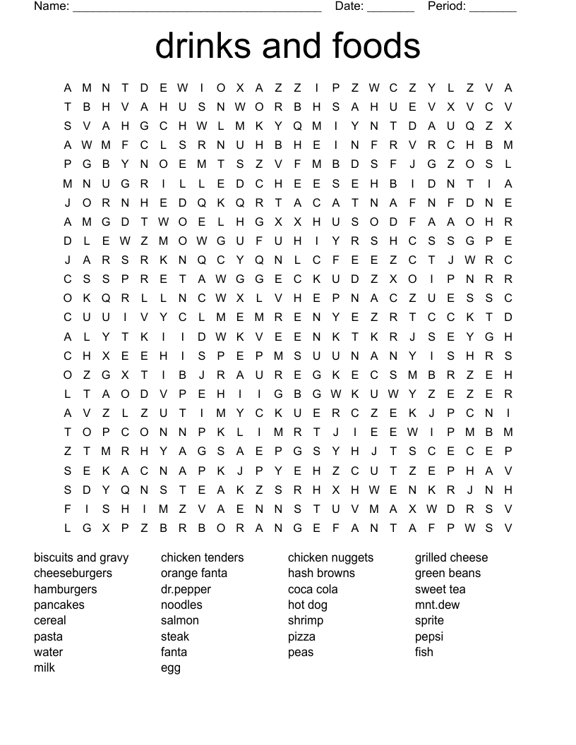 drinks and foods Word Search