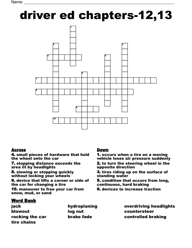 driver ed chapters-12,13 Crossword