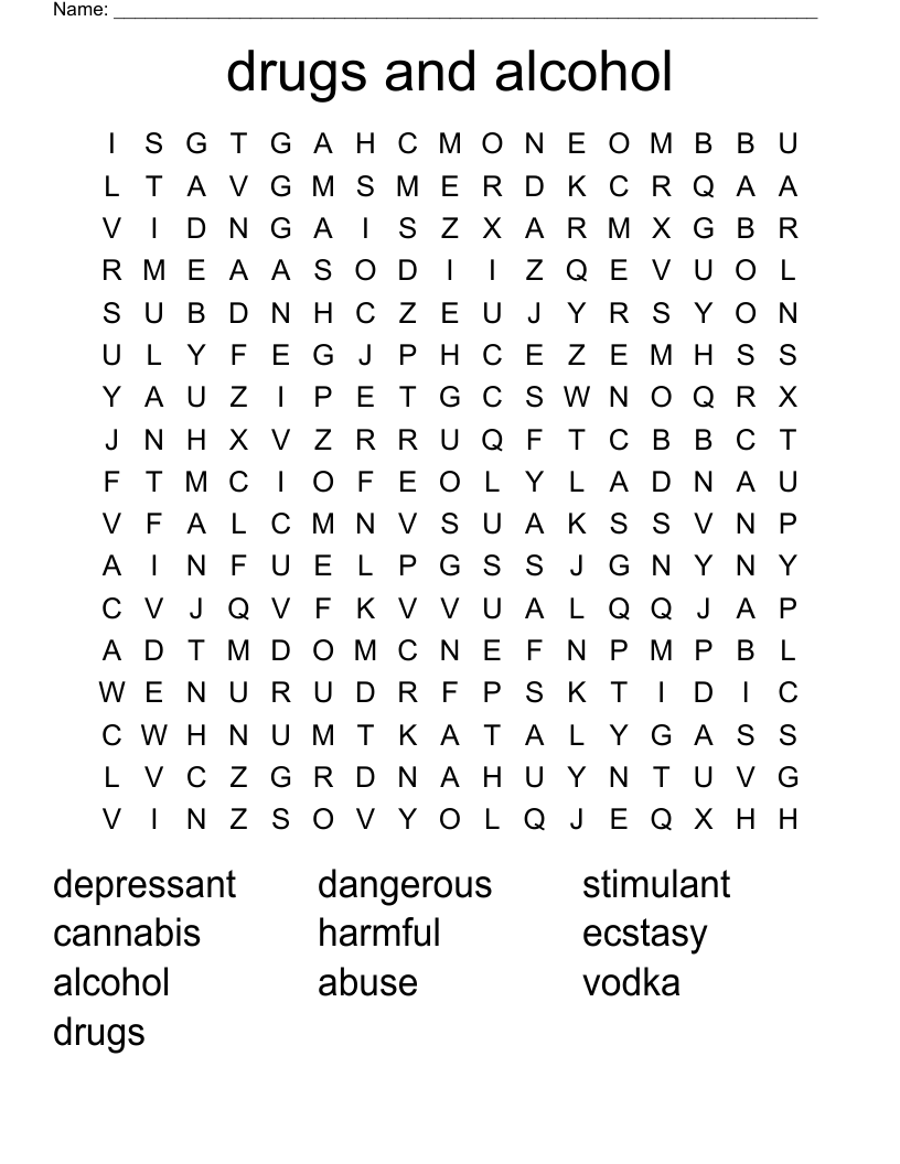 drugs and alcohol Word Search