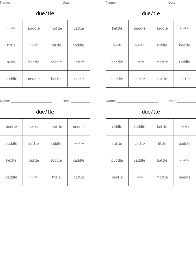 due/tle Bingo Cards