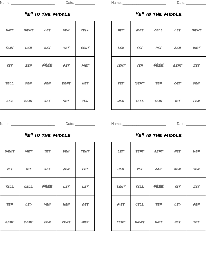 "e" in the middle Bingo Cards