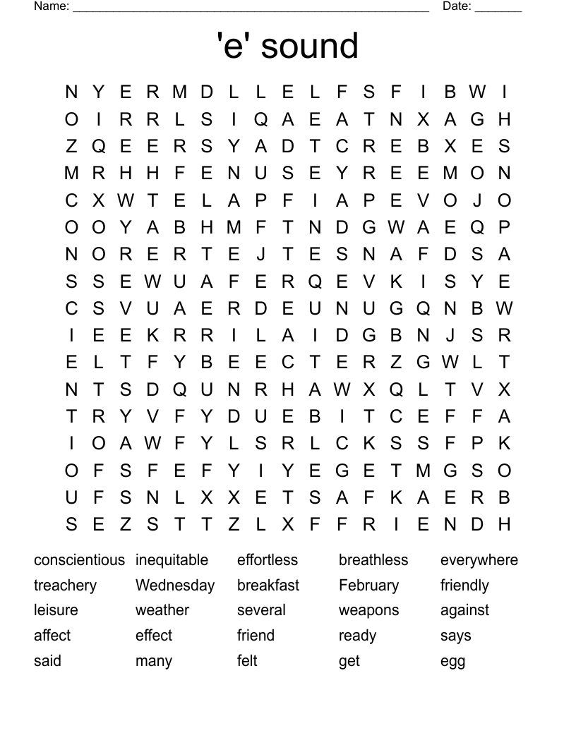 'e' sound Word Search