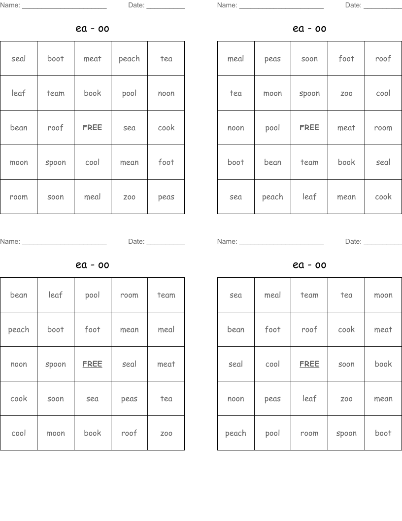 ea - oo Bingo Cards