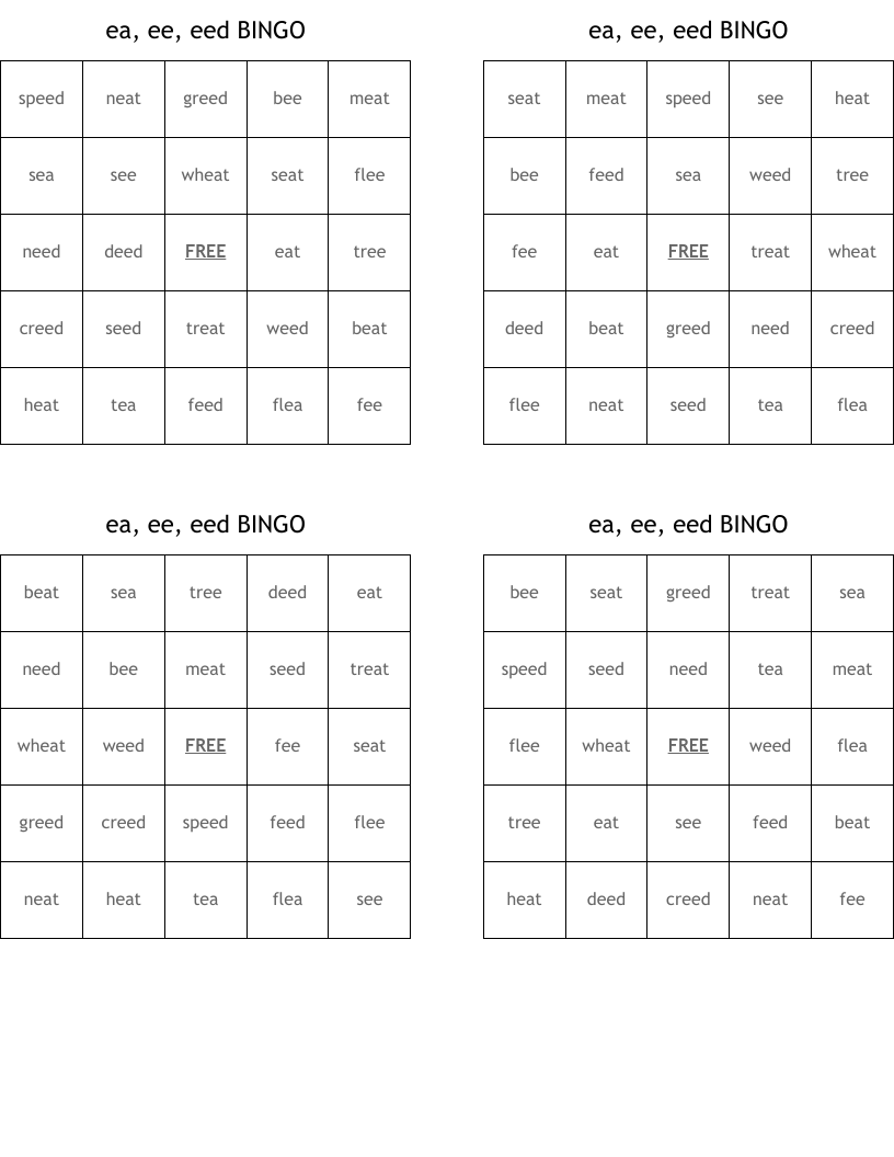 ea, ee, eed BINGO