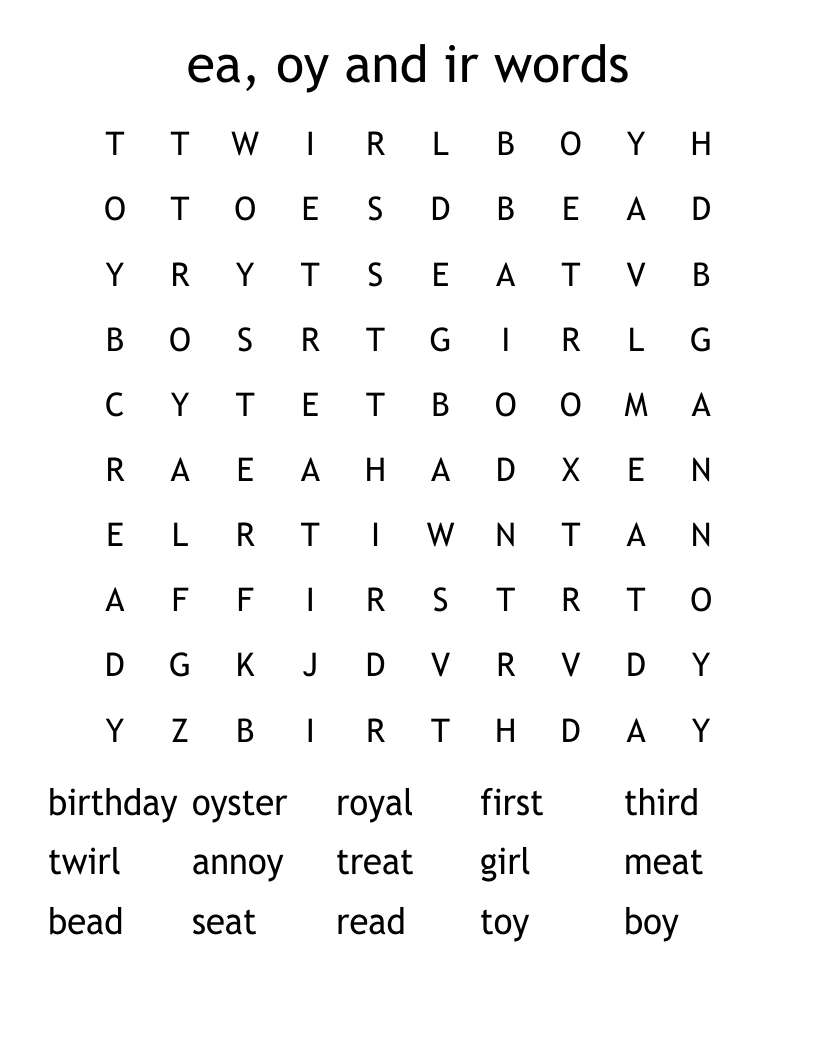 ea, oy and ir words Word Search