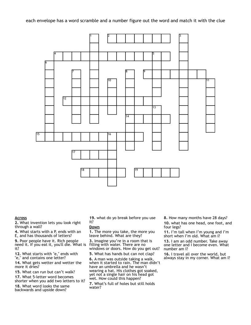 each envelope has a word scramble and a number figure out the word and match it with the clue Crossword