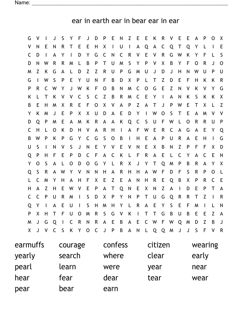 ear in earth                   ear in bear                          ear in ear Word Search