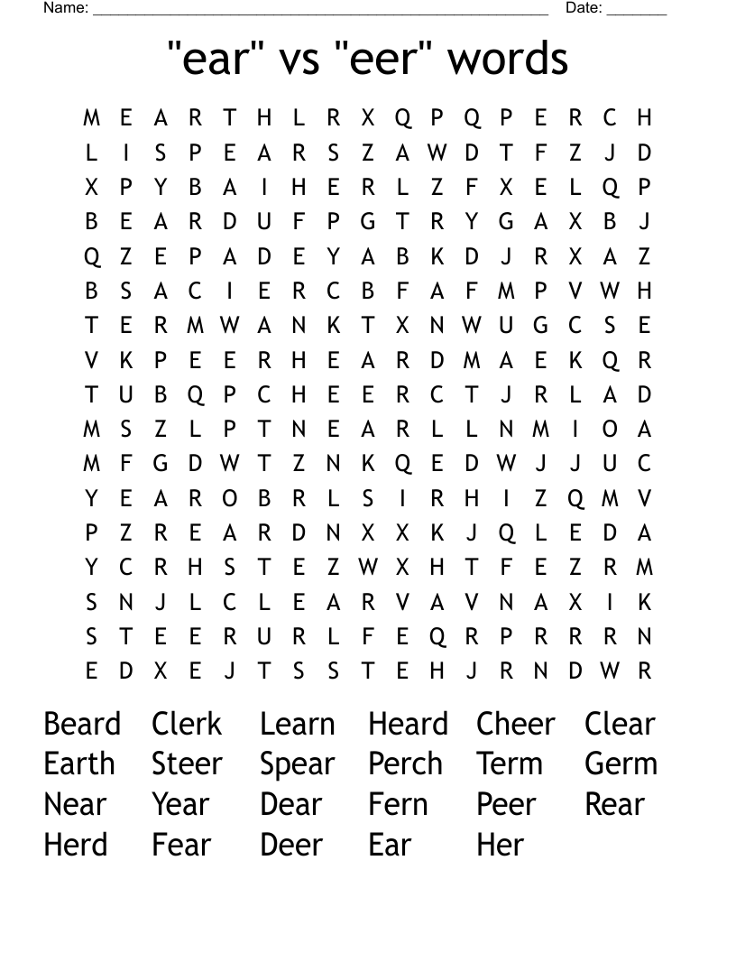 "ear" vs "eer" words  Word Search