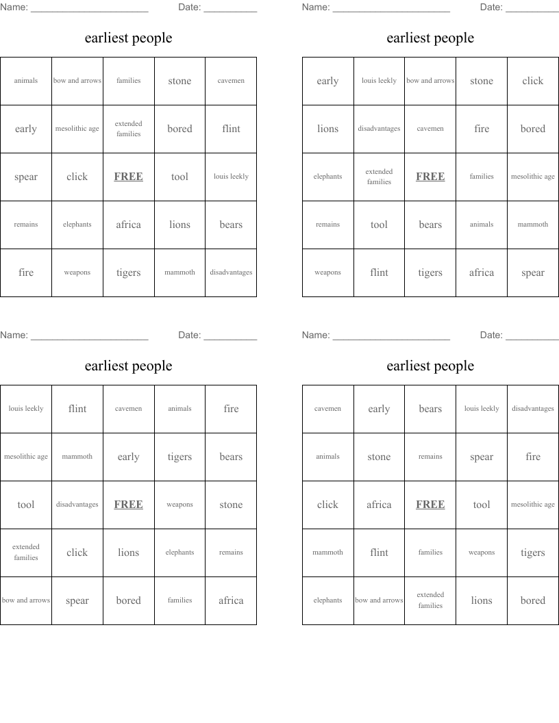 earliest people Bingo Cards