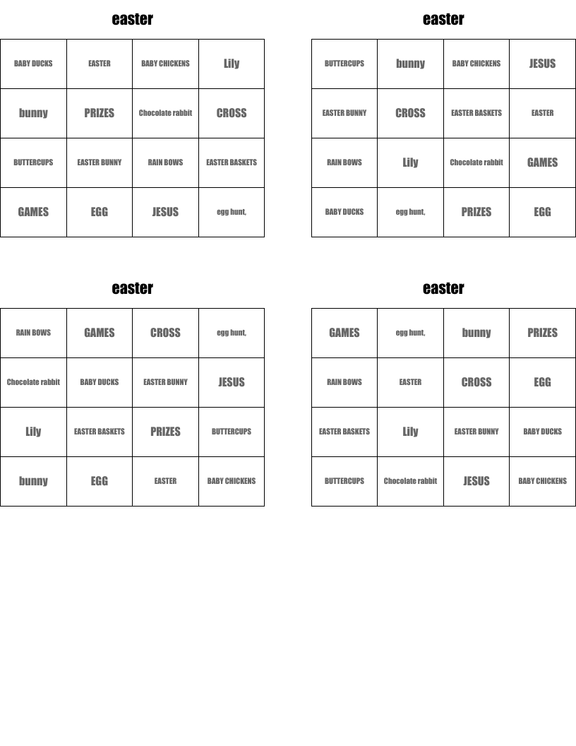 easter Bingo Cards