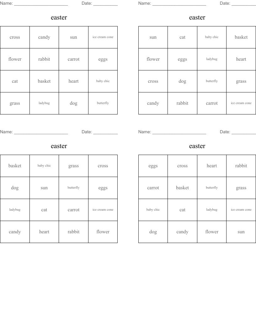 easter Bingo Cards