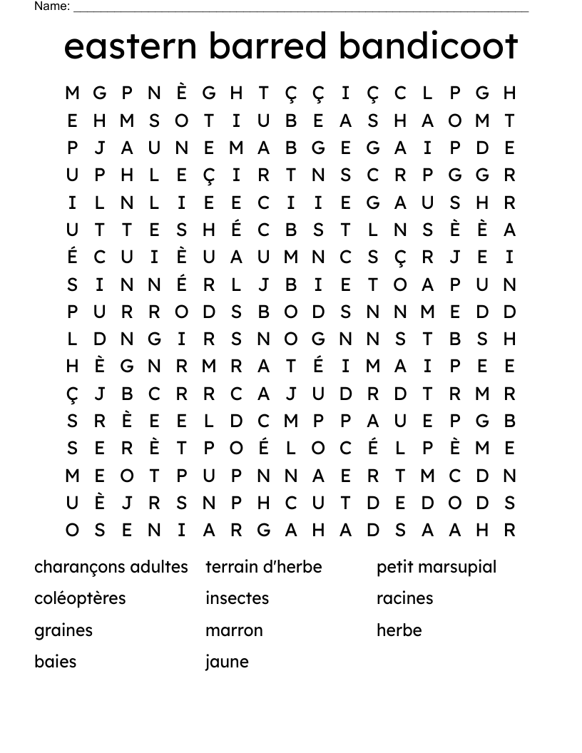 eastern barred bandicoot Word Search