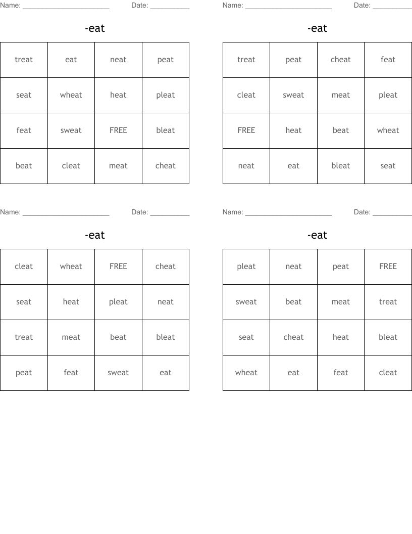 -eat Bingo Cards