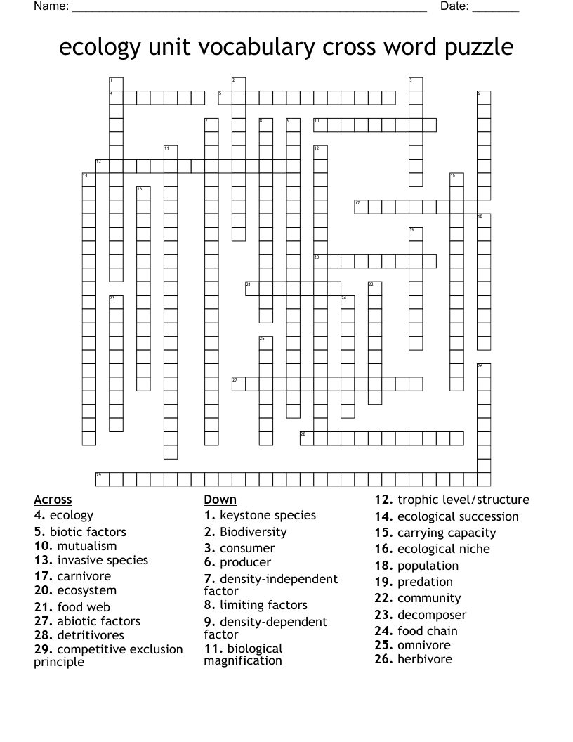 ecology unit vocabulary cross word puzzle