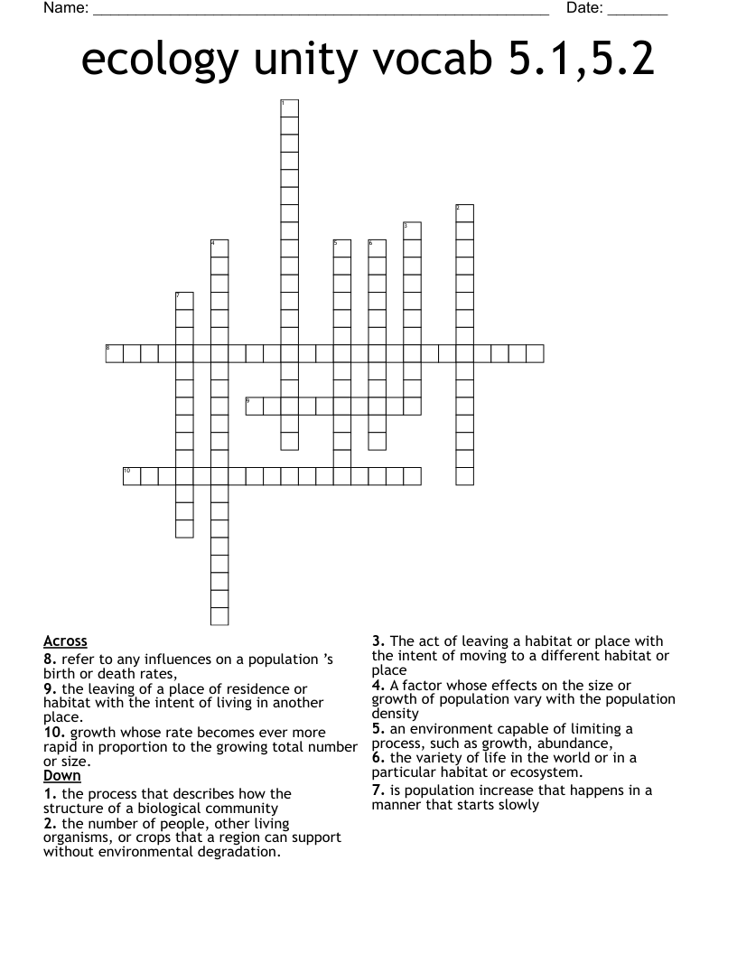 ecology unity vocab 5.1,5.2 Crossword