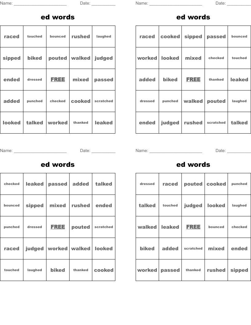 ed words Bingo Cards