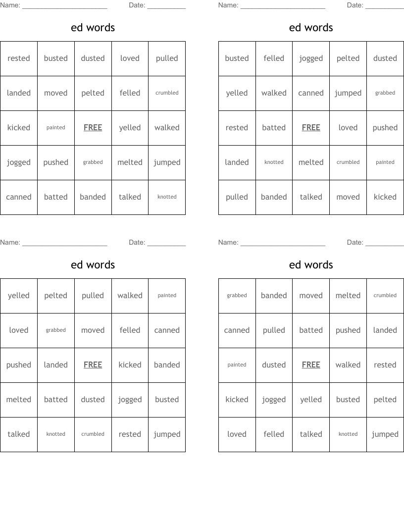 ed words Bingo Cards