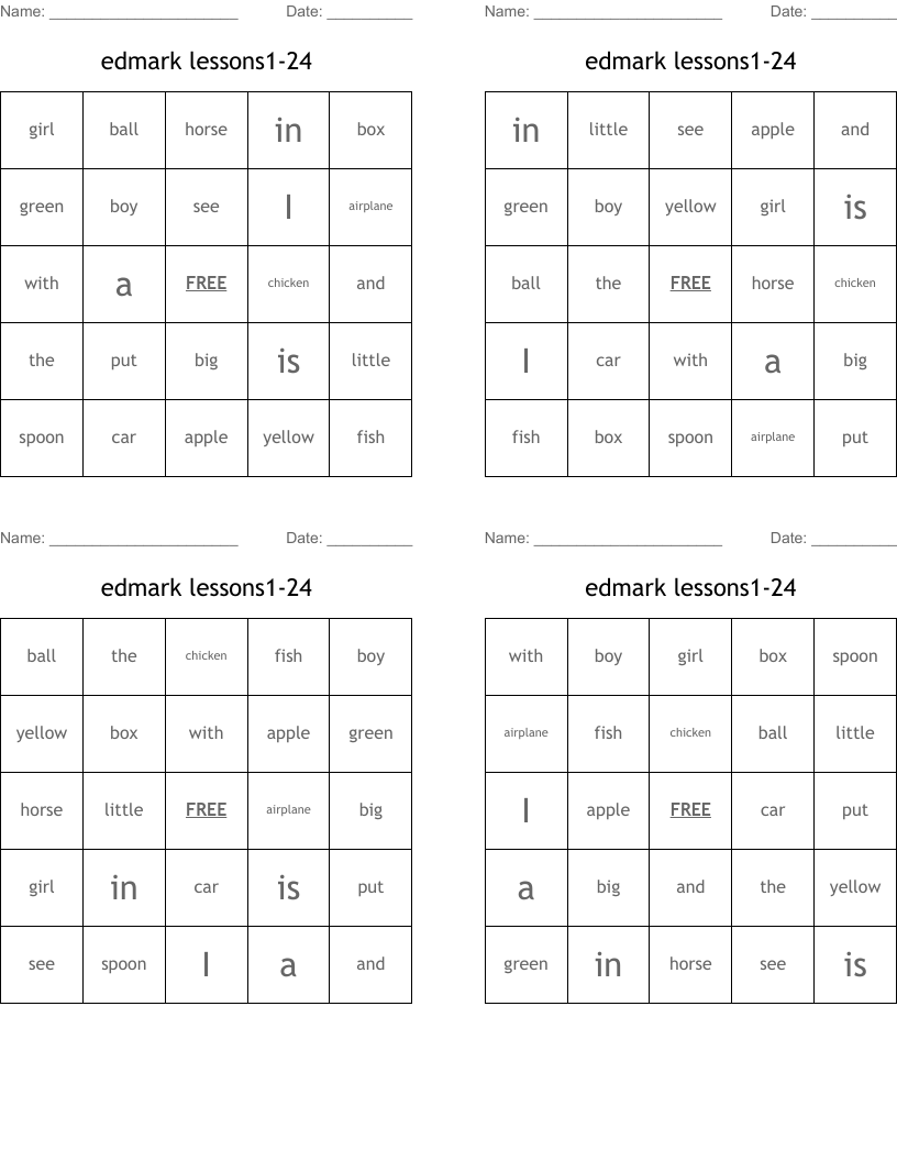 edmark lessons1-24 Bingo Cards