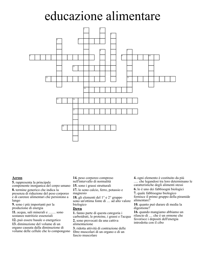 educazione alimentare Crossword