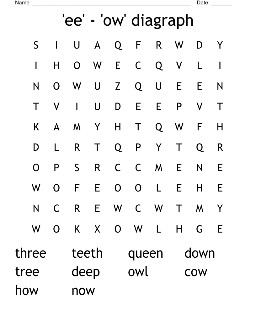 'ee'  -  'ow'   diagraph Word Search