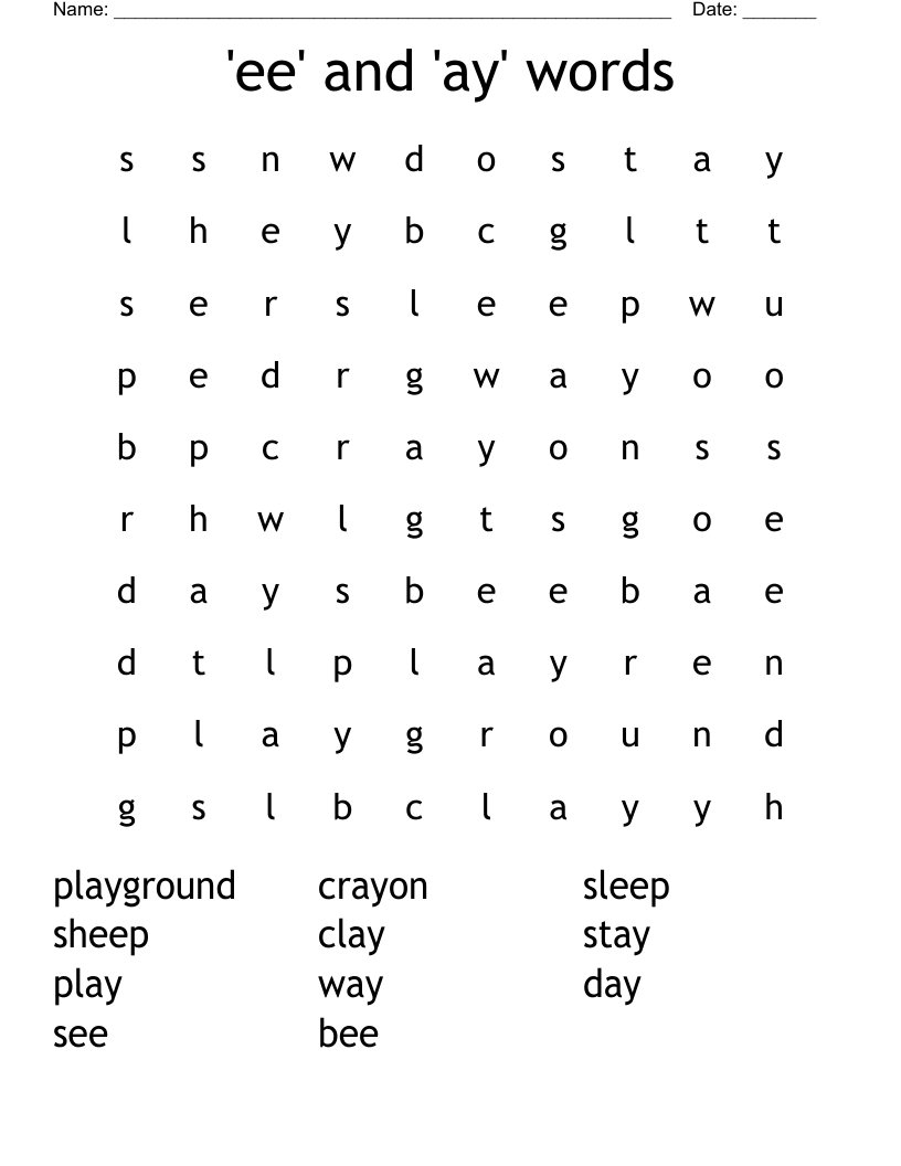 'ee' and 'ay' words Word Search