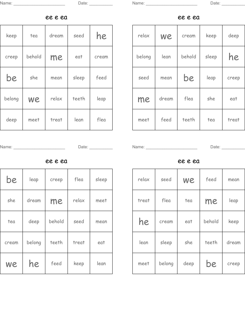 ee e ea Bingo Cards