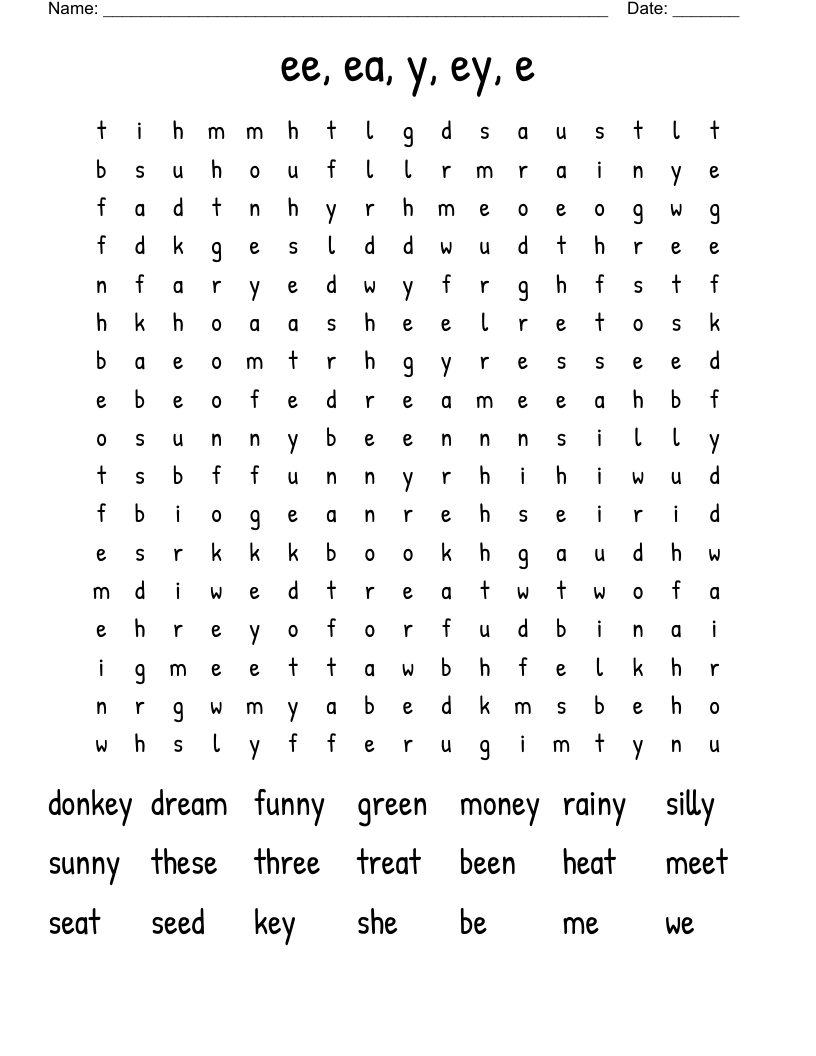 ee, ea, y, ey, e Word Search