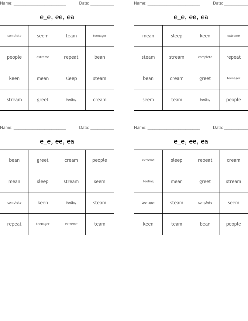 e_e, ee, ea Bingo Cards