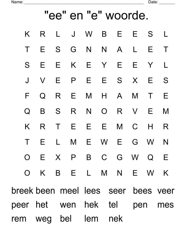 "ee" en "e" woorde. Word Search