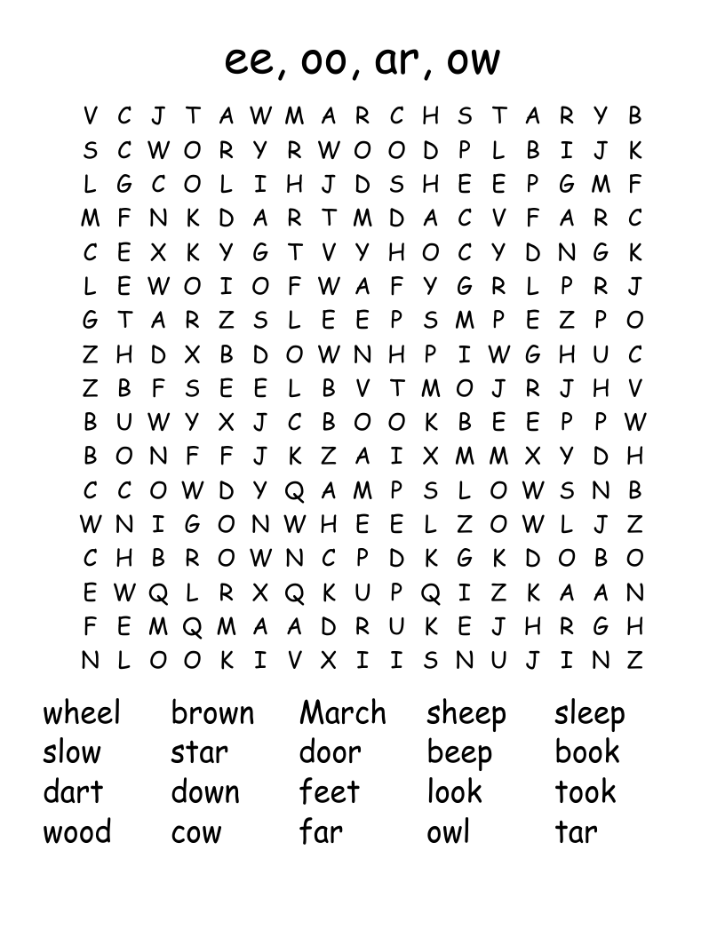 ee, oo, ar, ow Word Search
