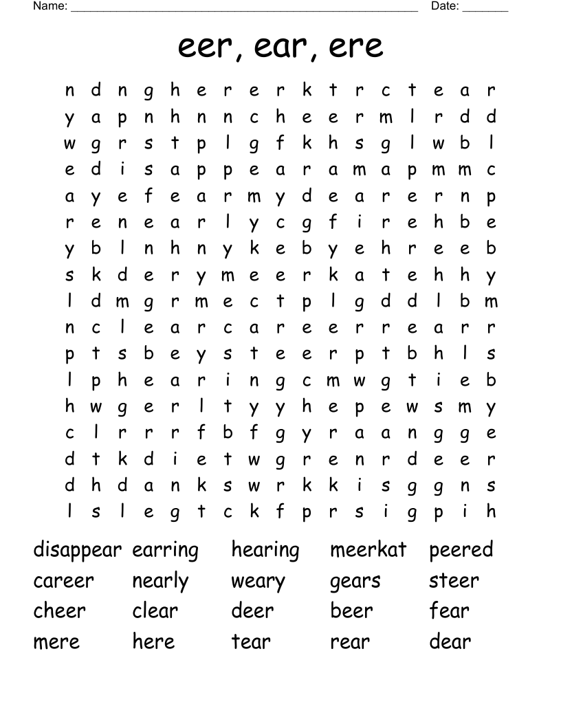 eer, ear, ere Word Search