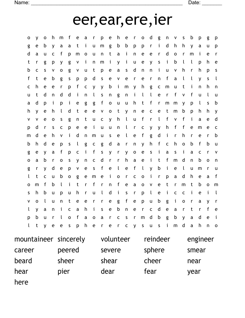 eer,ear,ere,ier Word Search