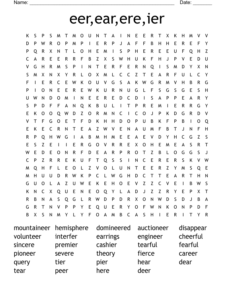 eer,ear,ere,ier Word Search