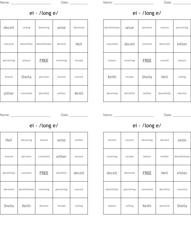 ei - /long e/  Bingo Cards