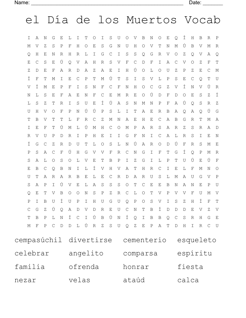 el Día de los Muertos Vocab Word Search